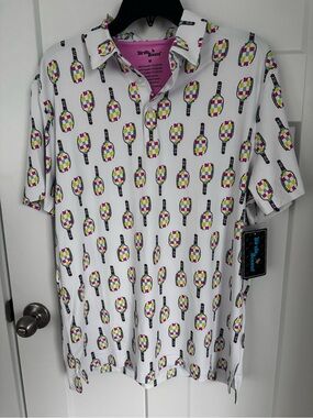 Birdies White Polo with Multicolor pickle ball Paddle Print